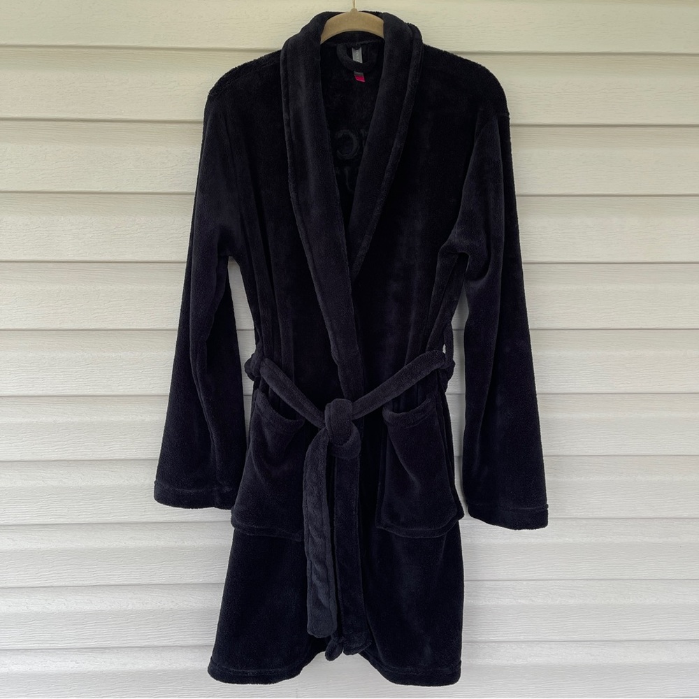 Vince Camuto Vanessa Black Soft Plush Embroidered Belted Bath Robe Size L
